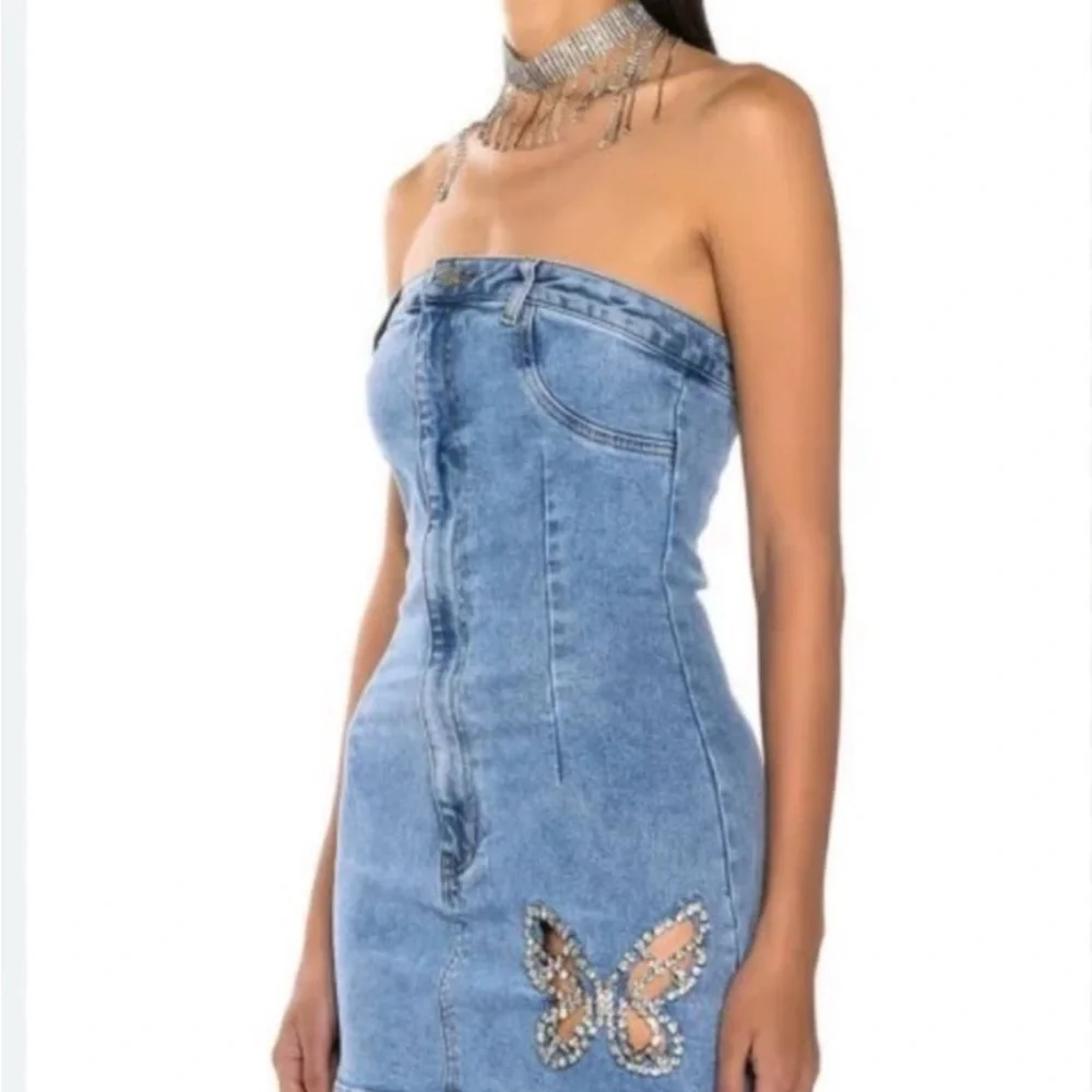 AKIRA Strapless Blue Denim Dress with Butterfly Accent(never worn) - Picture 1 of 1